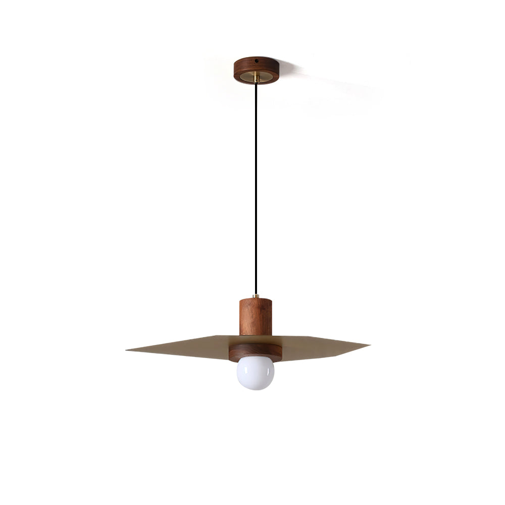 Elara Pendant Lamp with wood base and flat brass shade against a plain background.