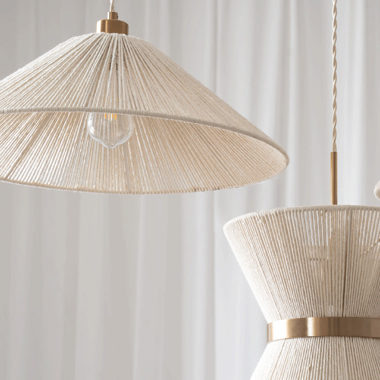 Comparison of the three available sizes and shapes of the Elara Woven Pendant Light.