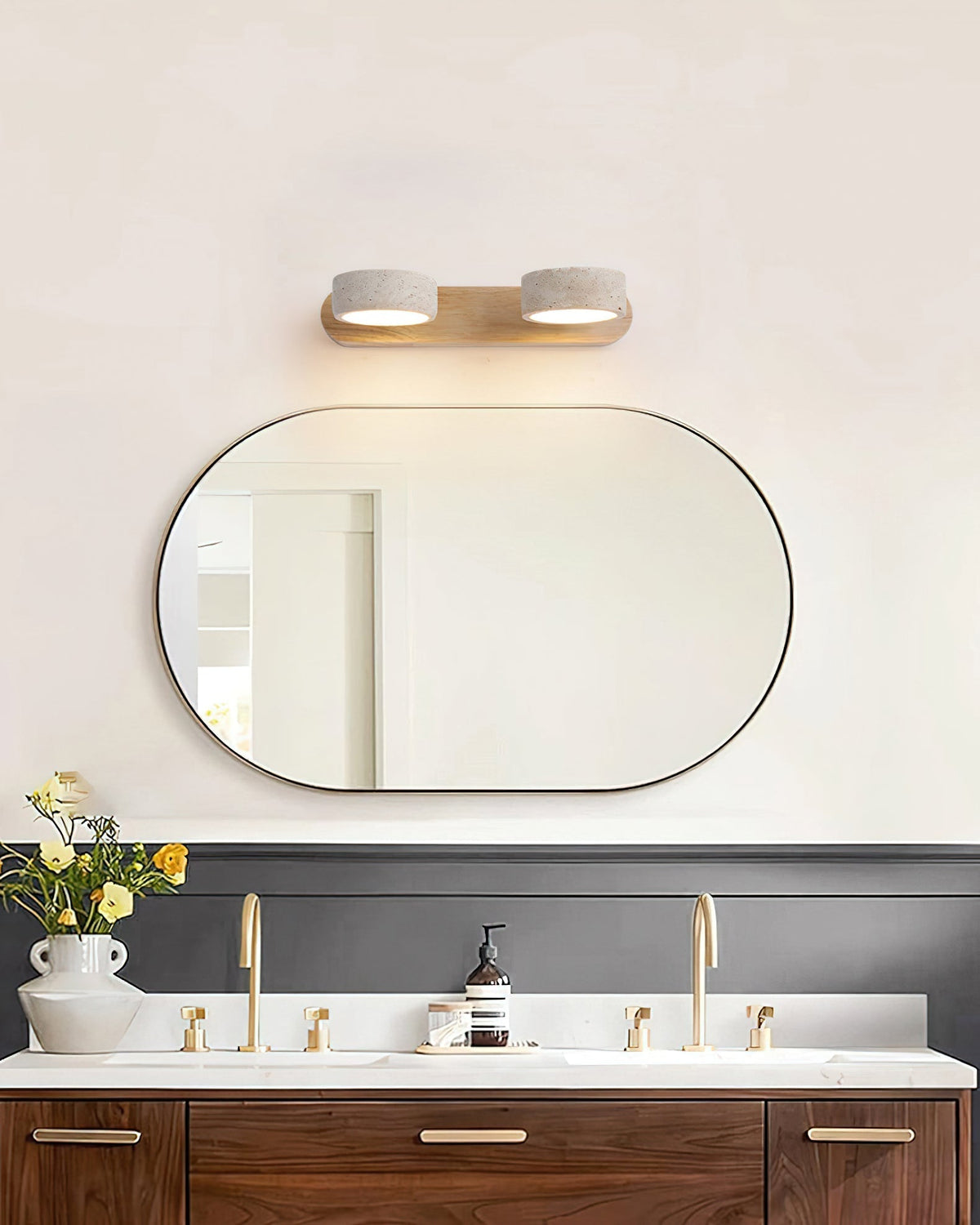 Elias Travertine Wall Lamp in the Beige & Walnut color finish.