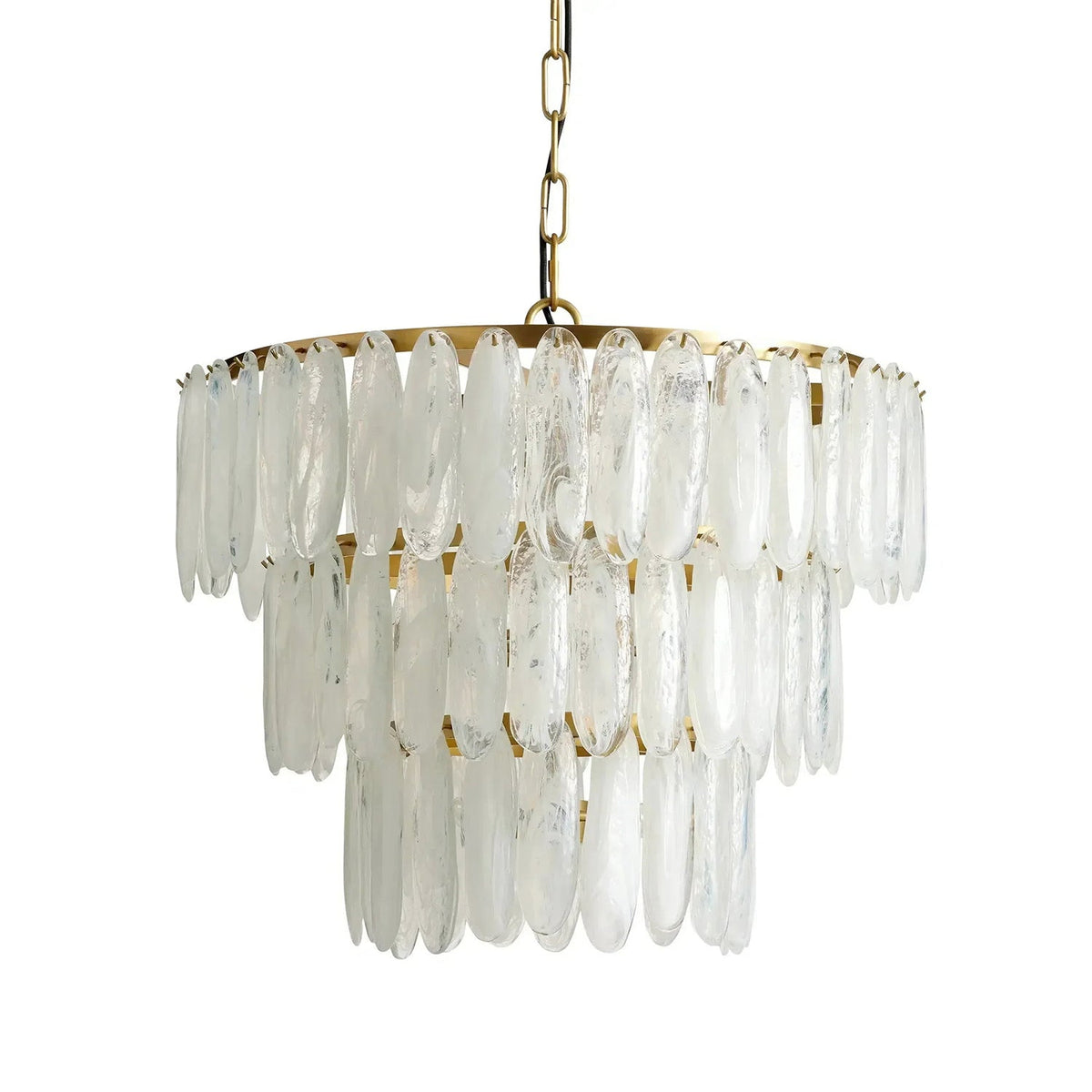 Side profile of the Ellington Frosted Glass Chandelier showcasing its structured form.