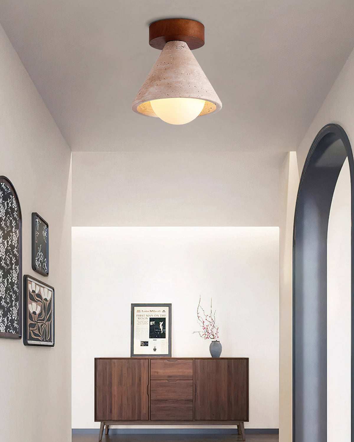 Emmet Ceiling Light in walnut finish against a neutral wall.