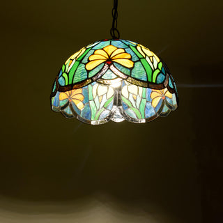 Tiffany Vintage Suspension Tachée Fleurs Verre Salon