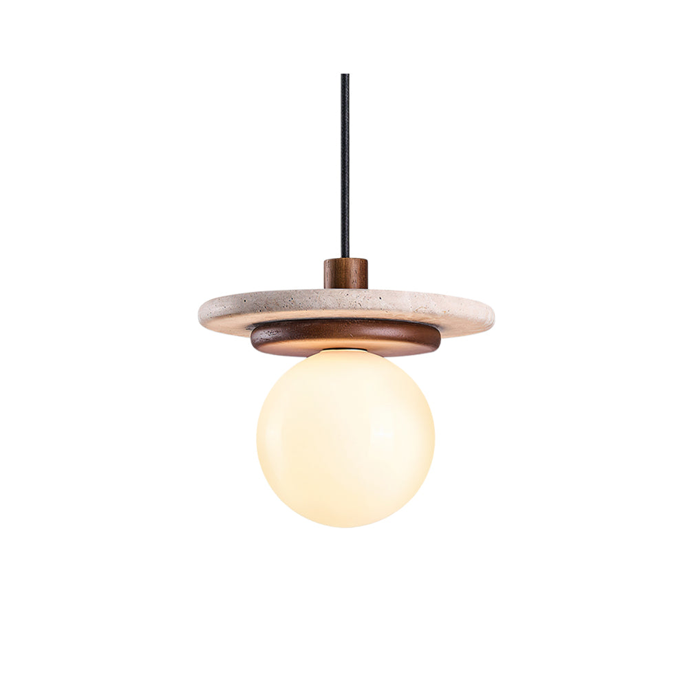 Farren Travertine Pendant Light with wood accent and frosted glass globe.