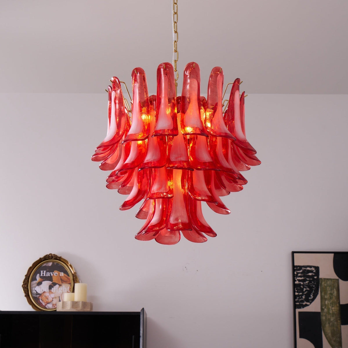 Coreva Lustre Rouge Pétale Verre Superposé Artistique