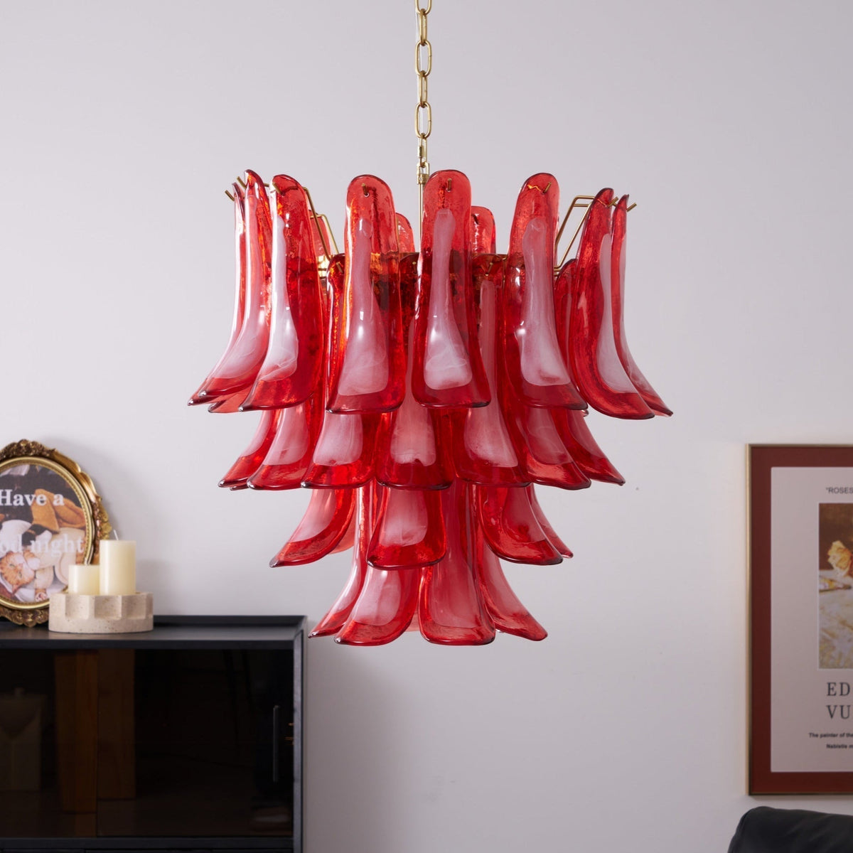 Coreva Lustre Rouge Pétale Verre Superposé Artistique