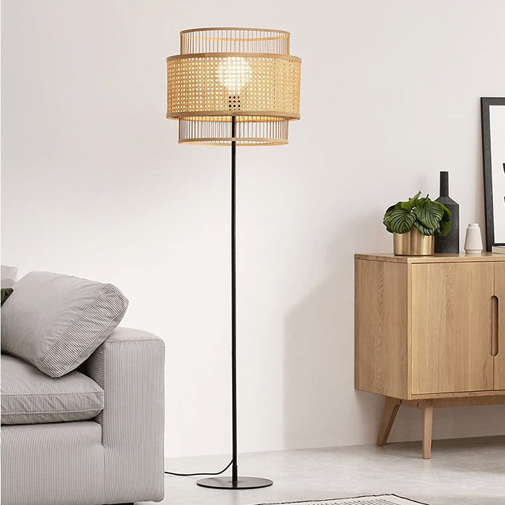 Ritta Lampadaire Anneau Simple, Métal/Rotin, Bois, Salon/Salle à Manger