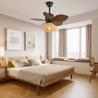 Plafonnier ventilateur Rivora en rotin tropical