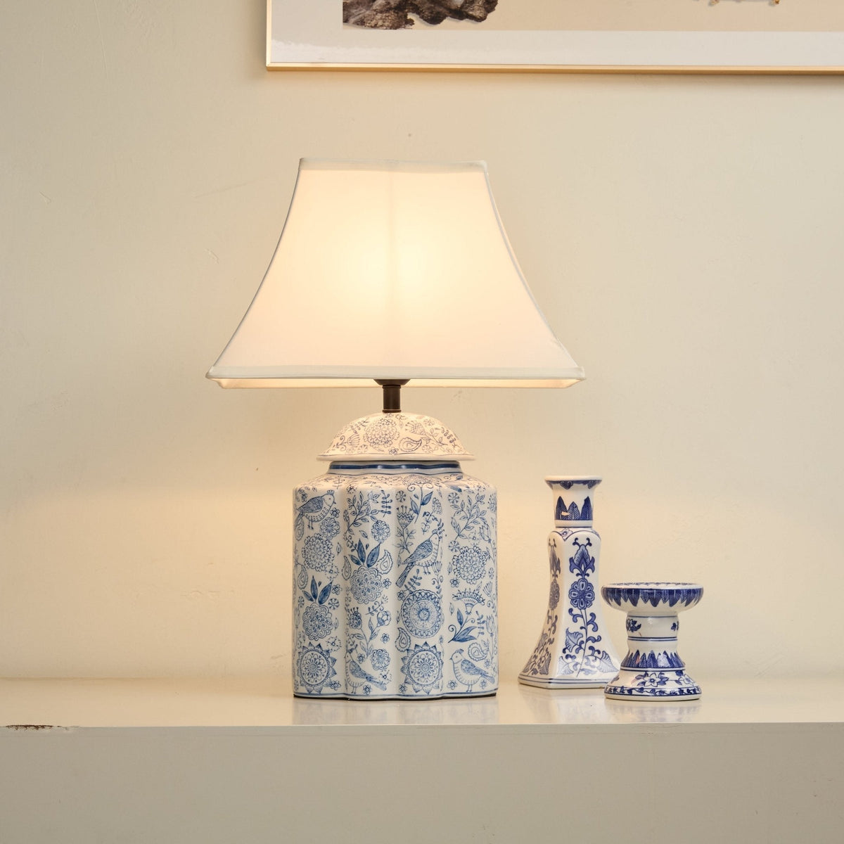 Floral Bird Jar Table Lamp-Neutral Decor