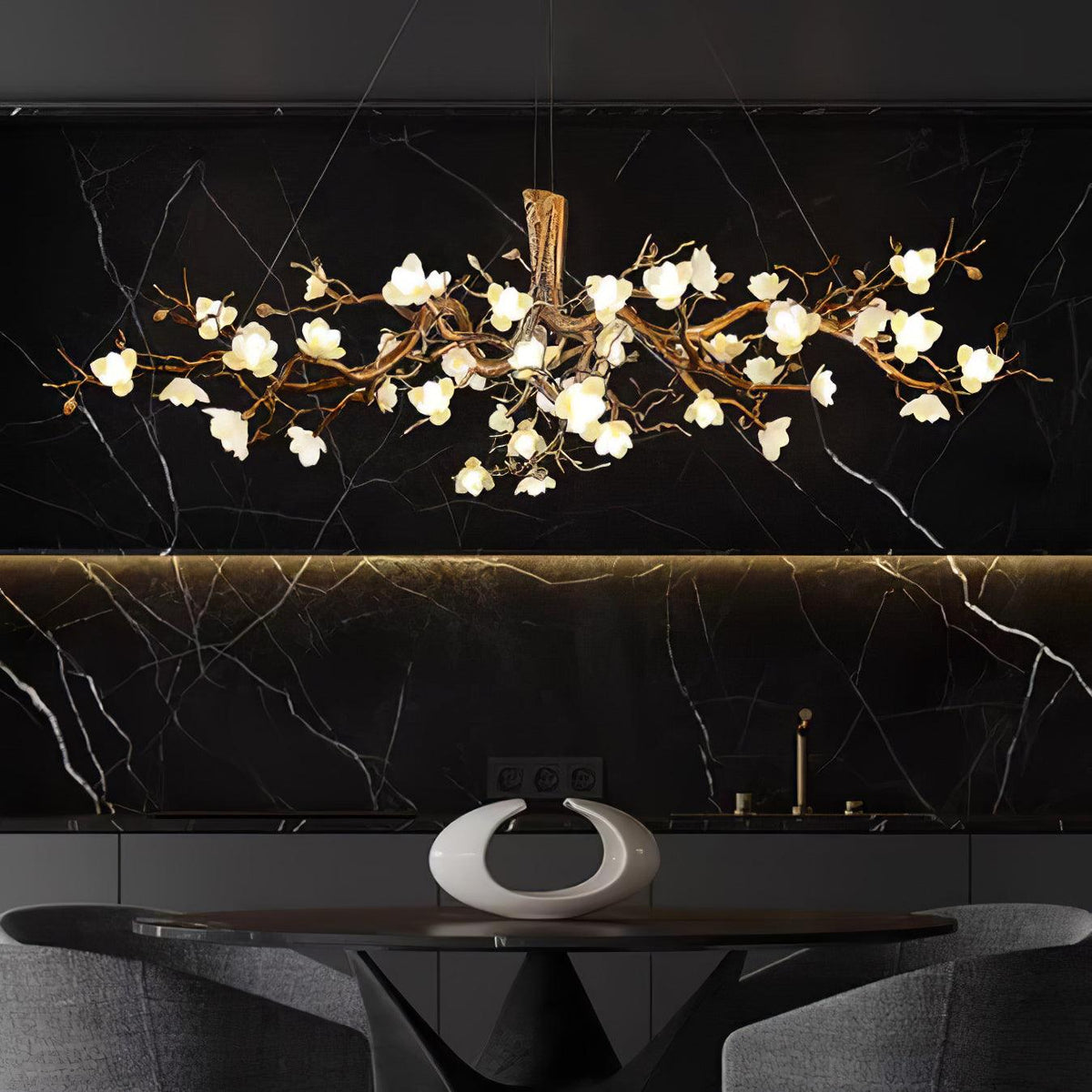 Hadrelle Lustre en céramique et laiton de luxe postmoderne avec branches fleuries