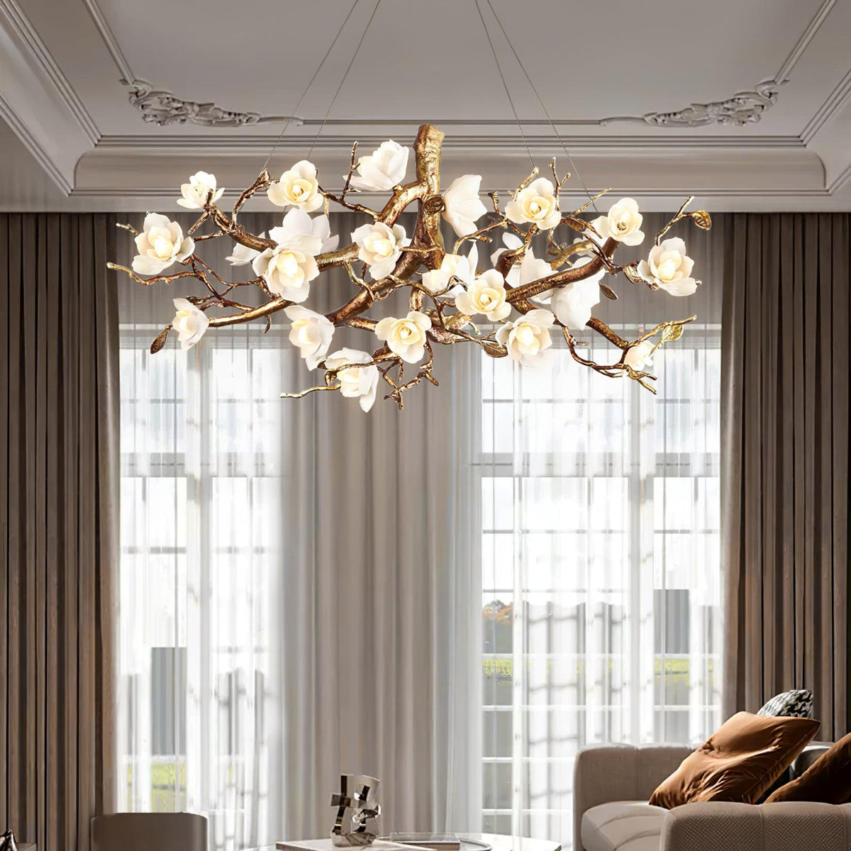 Hadrelle Lustre en céramique et laiton de luxe postmoderne avec branches fleuries