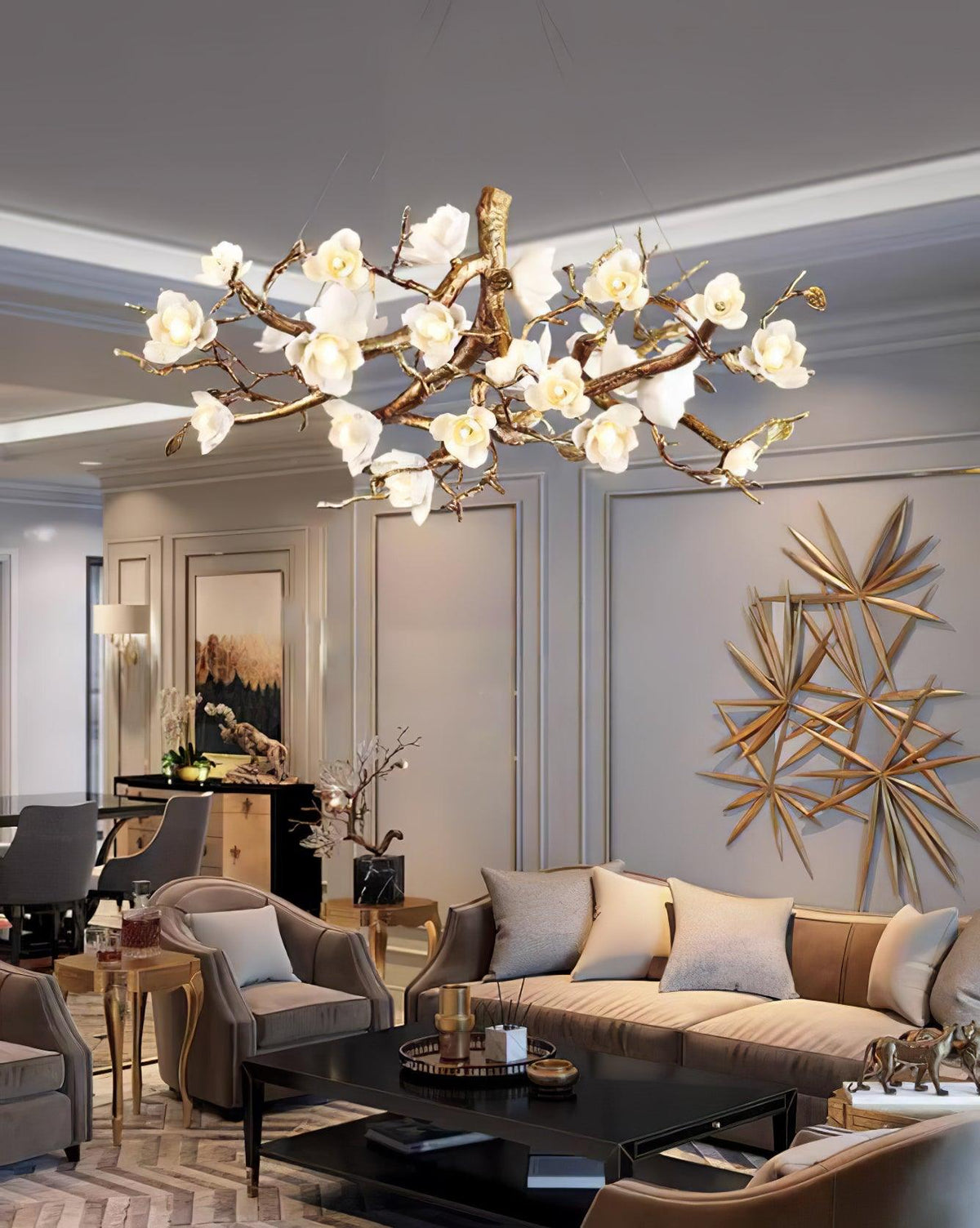 Hadrelle Lustre en céramique et laiton de luxe postmoderne avec branches fleuries