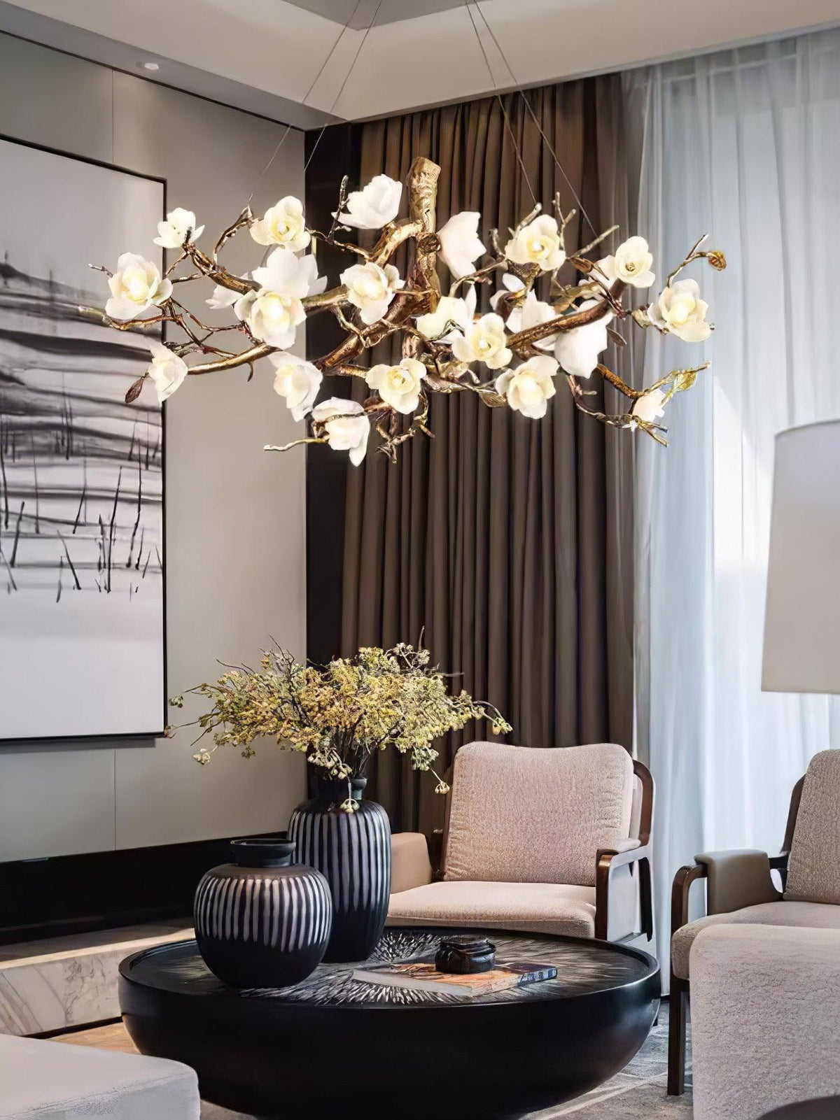 Hadrelle Lustre en céramique et laiton de luxe postmoderne avec branches fleuries