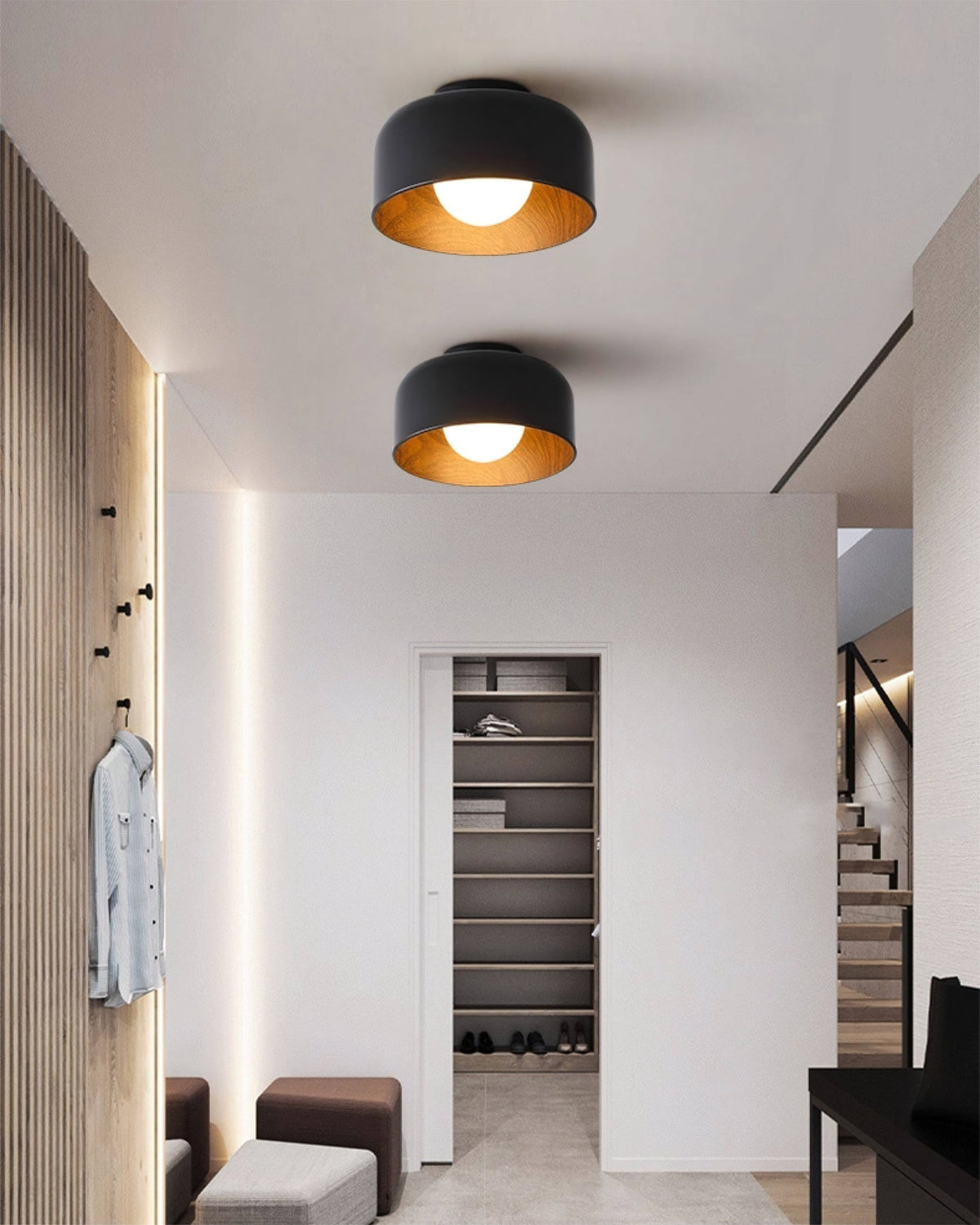 Folkio Ceiling Light shown in a modern hallway setting.