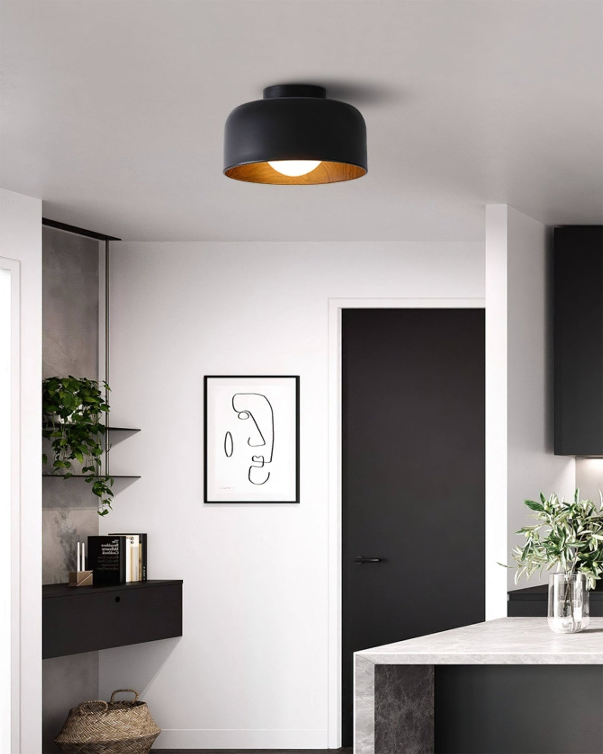 Folkio Ceiling Light in the walnut finish, showing its darker tone.