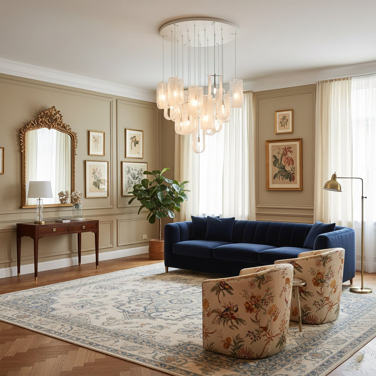 The 7-light version of the Fontaine Chandelier, ideal for smaller spaces.