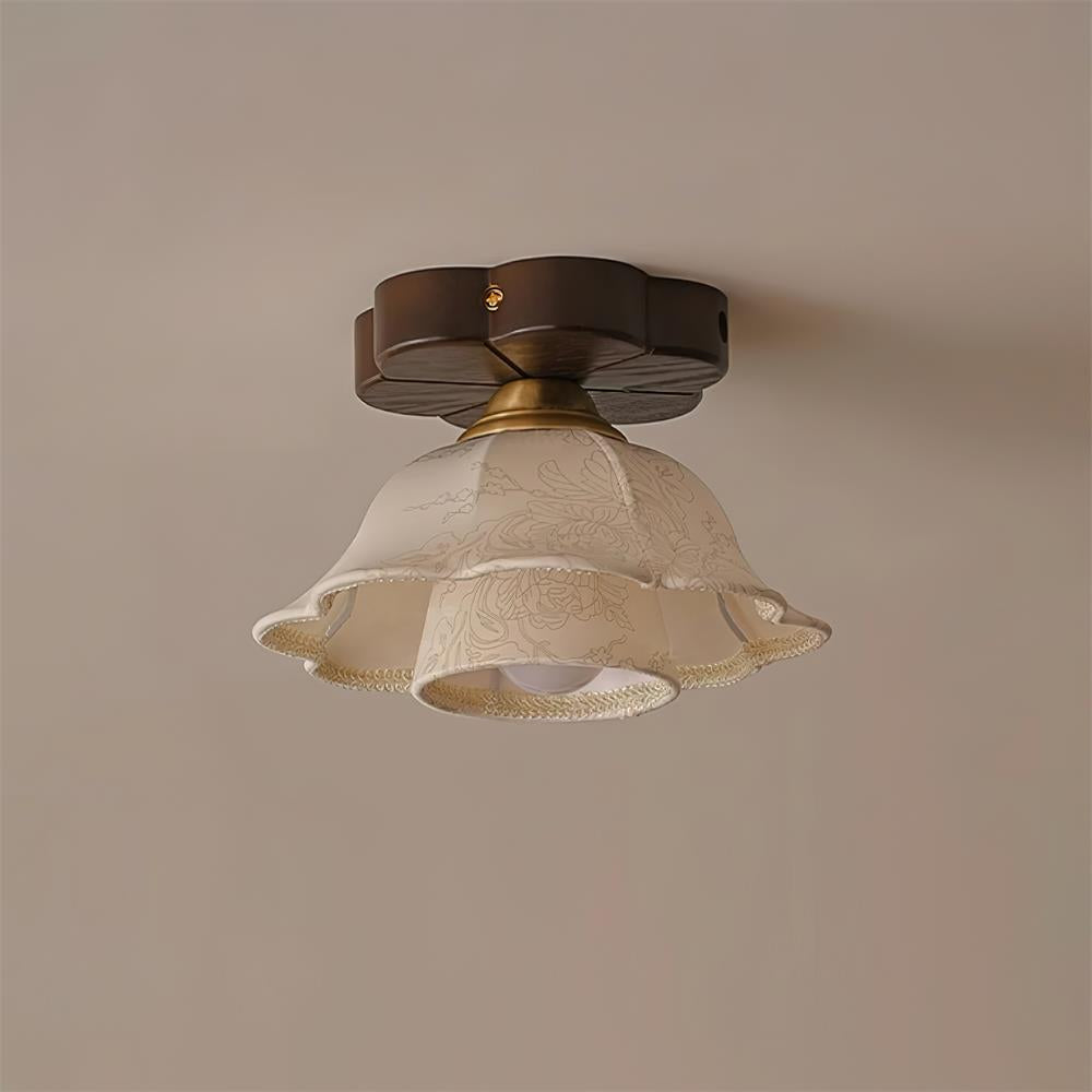 Ceiling Light Scalloped Fabric Shade Walnut Wood Canopy Vintage-Neutral Decor