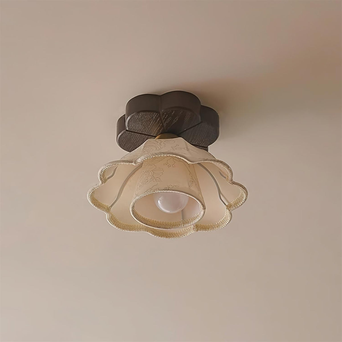Ceiling Light Scalloped Fabric Shade Walnut Wood Canopy Vintage-Neutral Decor