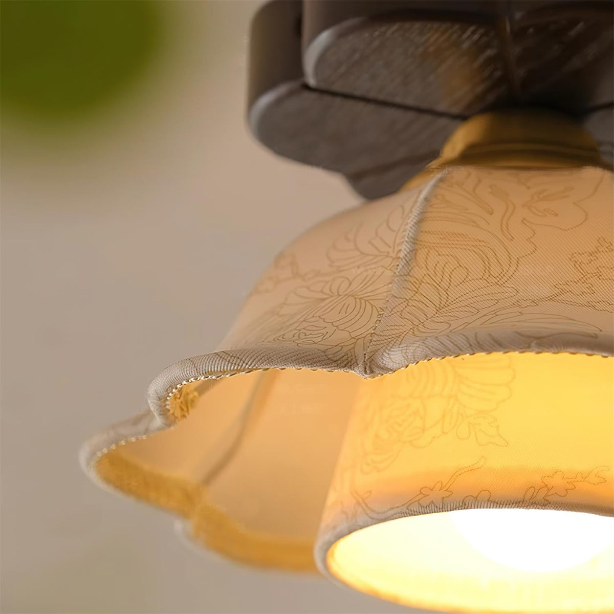 Ceiling Light Scalloped Fabric Shade Walnut Wood Canopy Vintage-Neutral Decor