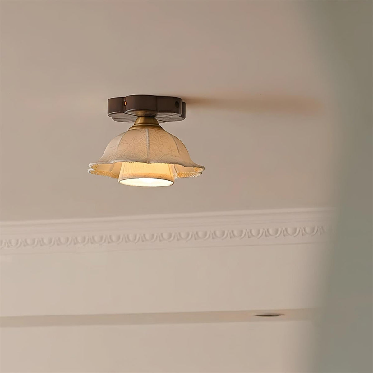 Ceiling Light Scalloped Fabric Shade Walnut Wood Canopy Vintage-Neutral Decor