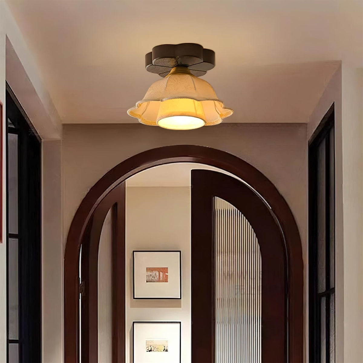 Ceiling Light Scalloped Fabric Shade Walnut Wood Canopy Vintage-Neutral Decor