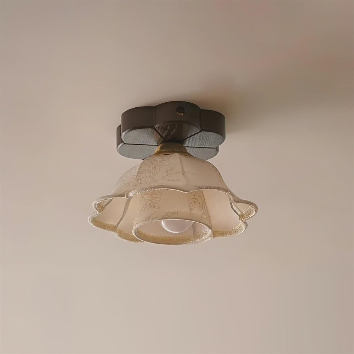 Ceiling Light Scalloped Fabric Shade Walnut Wood Canopy Vintage-Neutral Decor