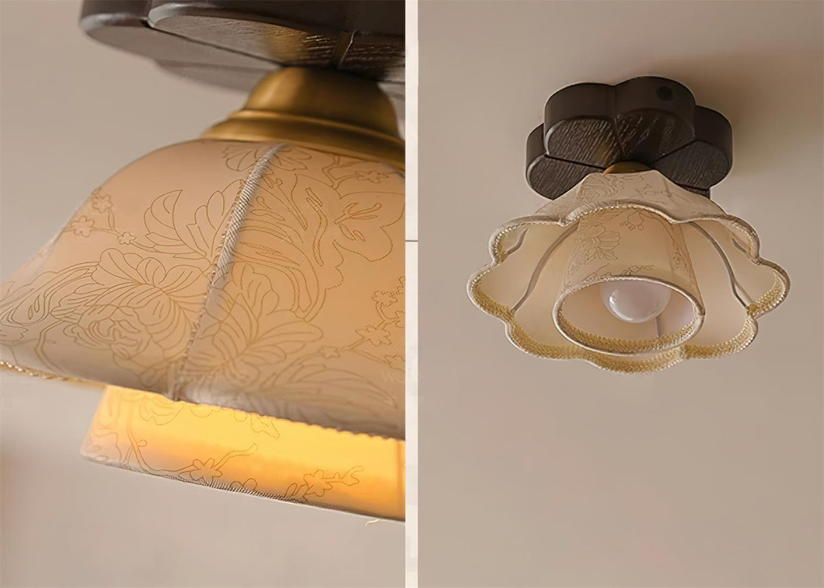 Ceiling Light Scalloped Fabric Shade Walnut Wood Canopy Vintage-Neutral Decor