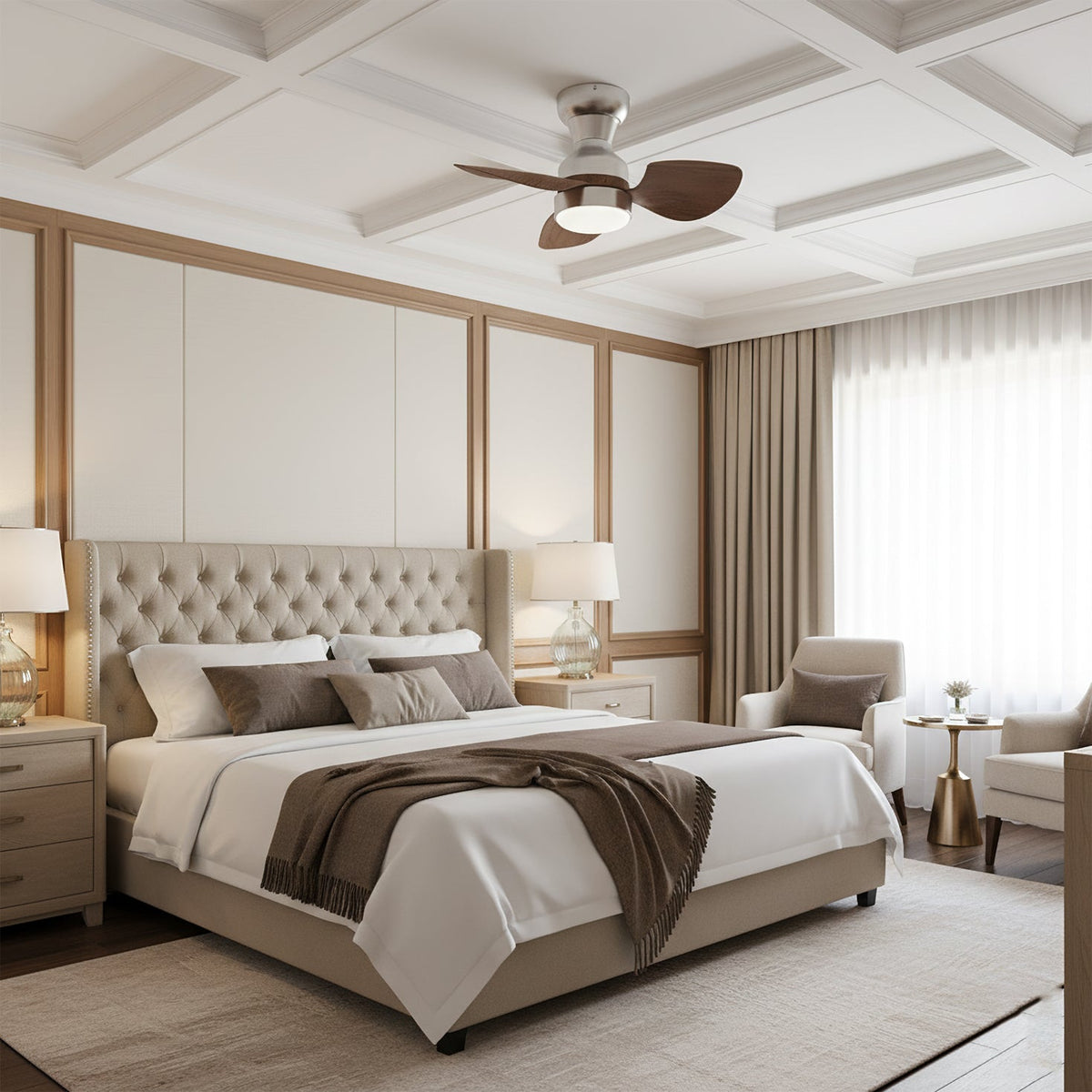 Close-up of the Haiku ceiling fan's metal housing and ABS blades.