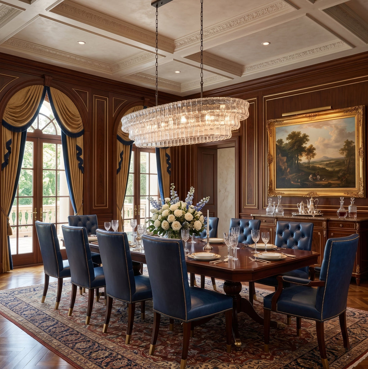 The Albano Glass Chandelier hanging over a large dining table.