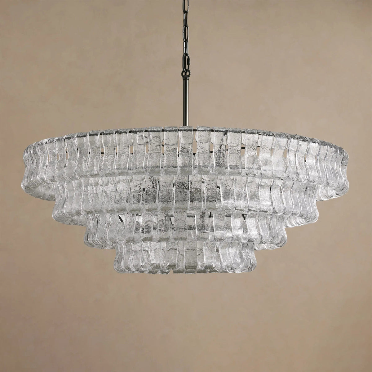 Ghiaccio Round Chandelier from below, showing the concentric rings of glass.