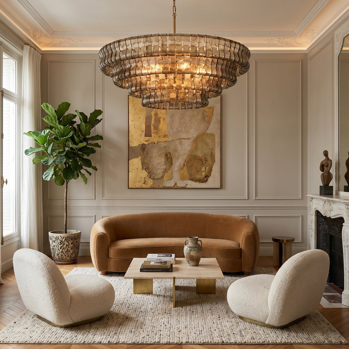 The large 47.2-inch Ghiaccio Chandelier hanging in a double-height living room.