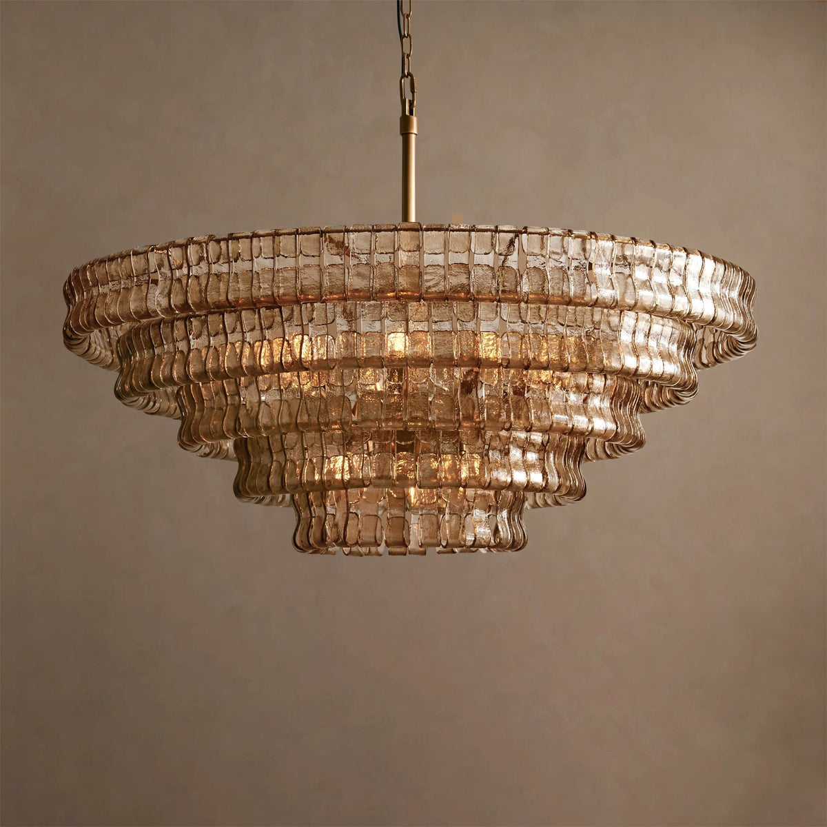 Close-up of the artisanal ice-textured glass tiles of the Ghiaccio Chandelier.