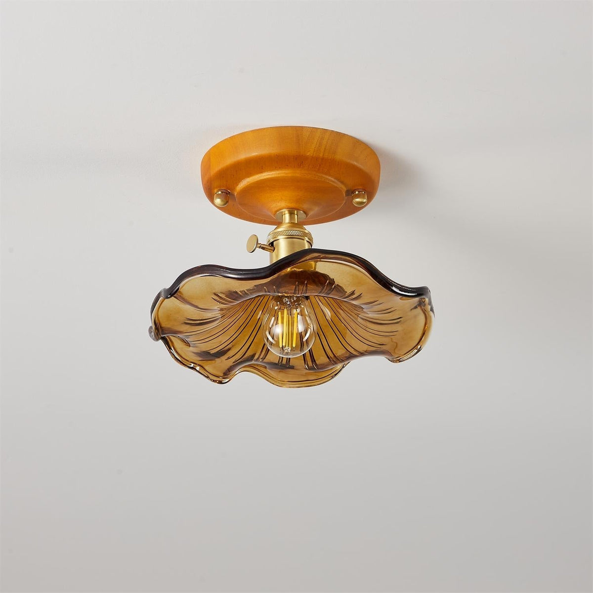 Ceiling Light Wood Canopy Brass & Glass Shade Vintage Floral Farmhouse-Neutral Decor
