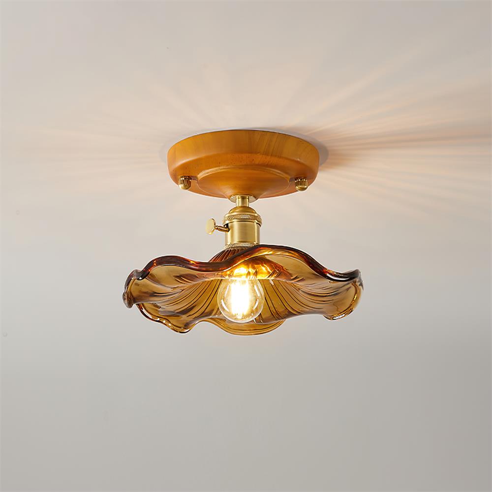 Ceiling Light Wood Canopy Brass & Glass Shade Vintage Floral Farmhouse-Neutral Decor