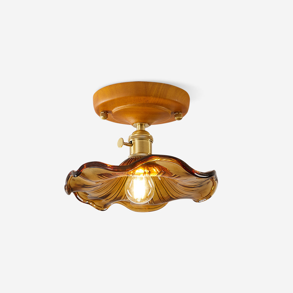 Ceiling Light Wood Canopy Brass & Glass Shade Vintage Floral Farmhouse-Neutral Decor