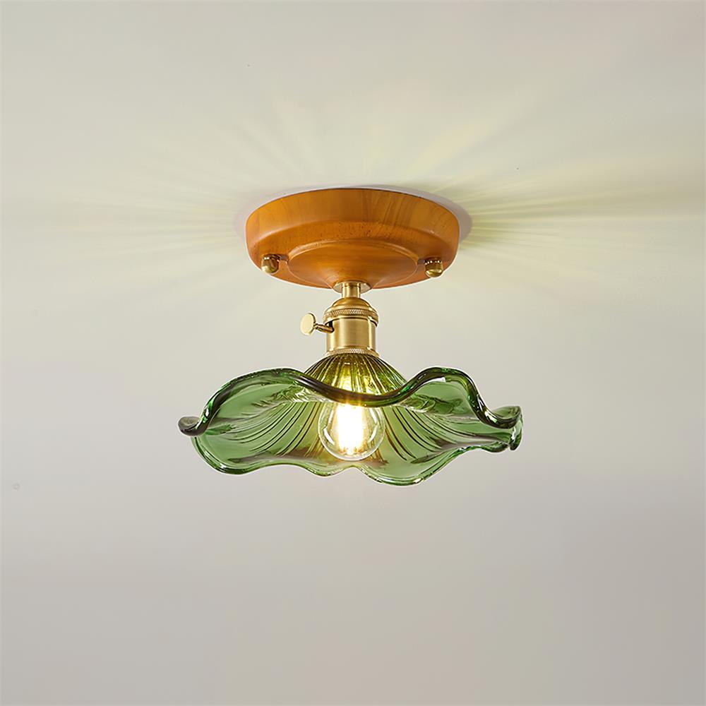 Ceiling Light Wood Canopy Brass & Glass Shade Vintage Floral Farmhouse-Neutral Decor