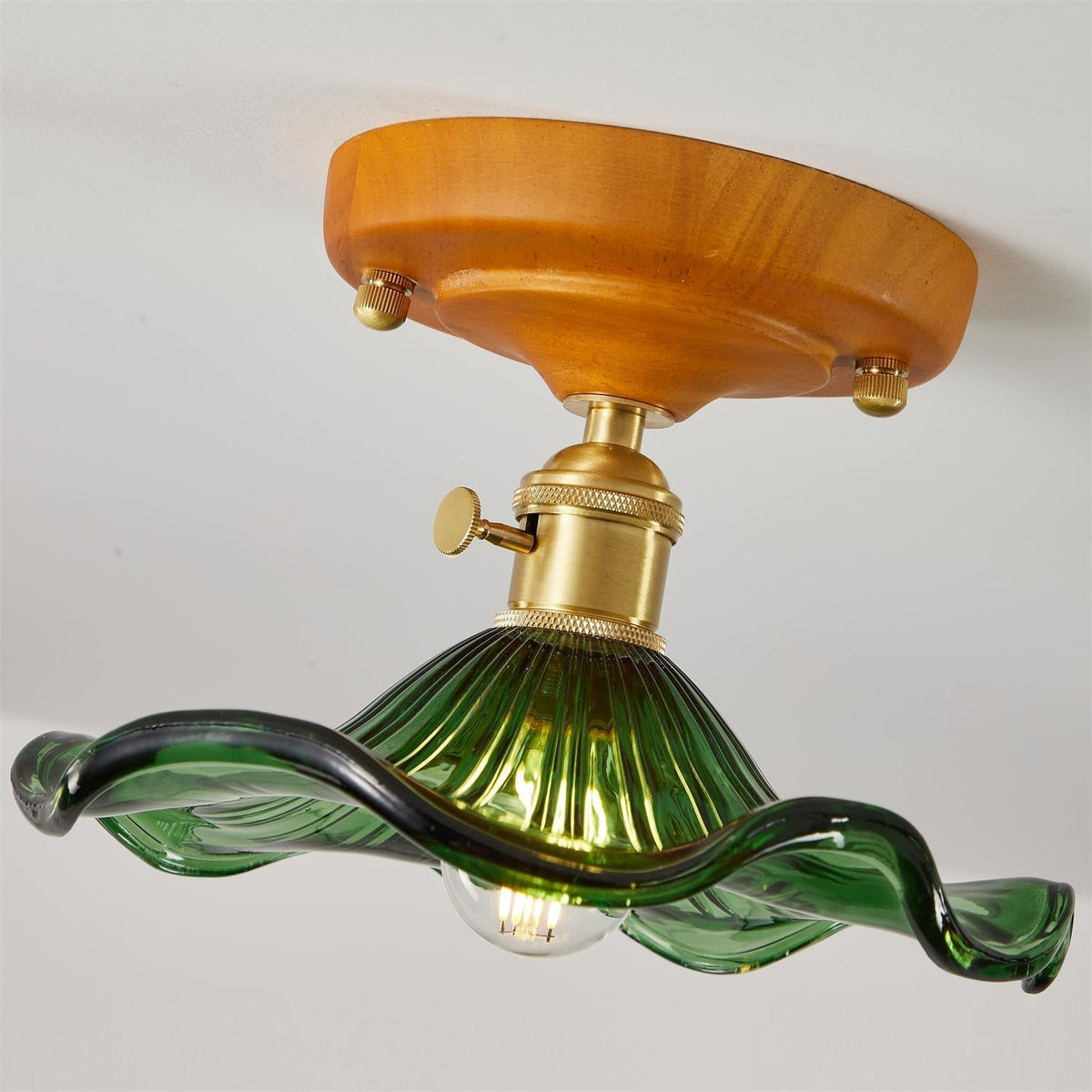 Ceiling Light Wood Canopy Brass & Glass Shade Vintage Floral Farmhouse-Neutral Decor