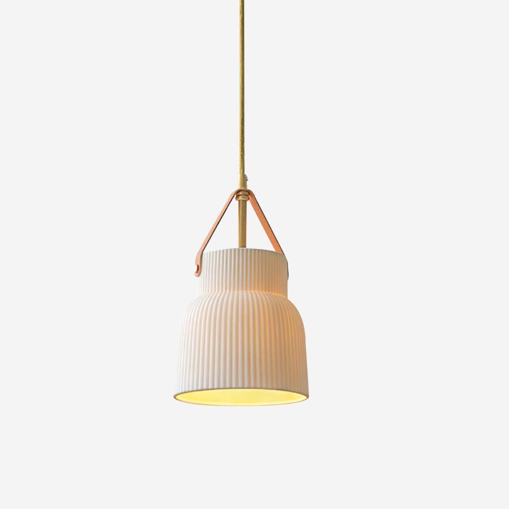 Pendant Lamp Ceramic Ribbed Shade Brass Leather Strap Modern-Neutral Decor