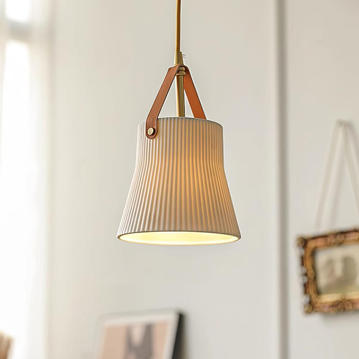 Pendant Lamp Ceramic Ribbed Shade Brass Leather Strap Modern-Neutral Decor