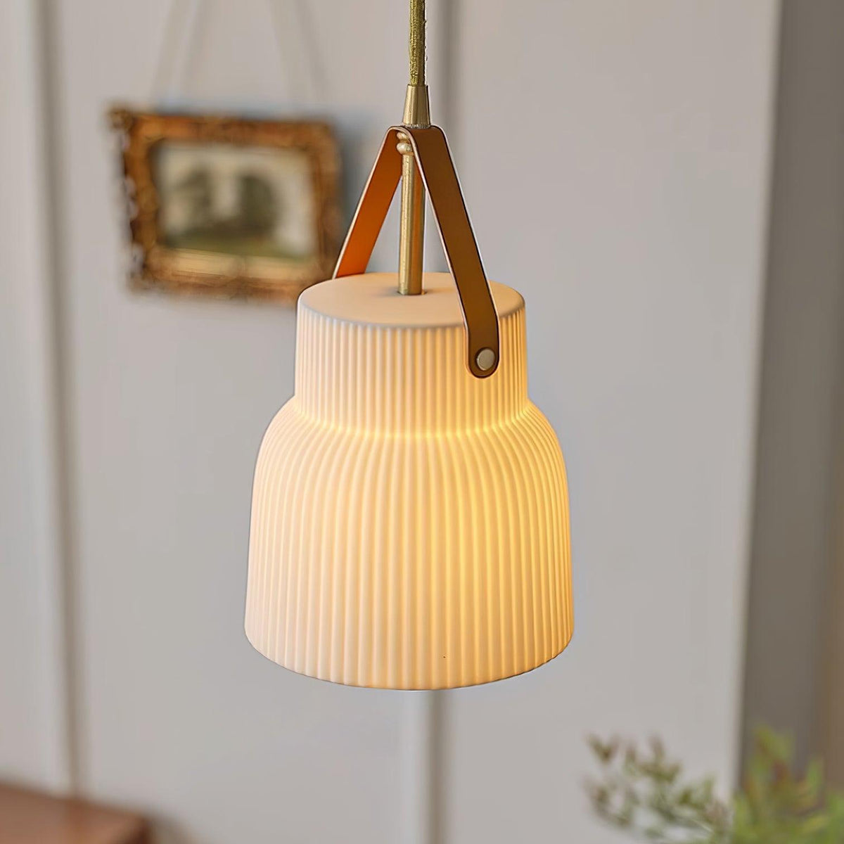 Pendant Lamp Ceramic Ribbed Shade Brass Leather Strap Modern-Neutral Decor