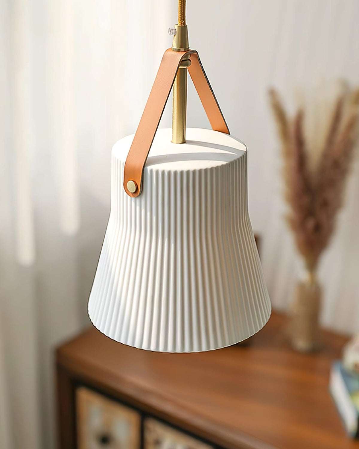 Pendant Lamp Ceramic Ribbed Shade Brass Leather Strap Modern-Neutral Decor