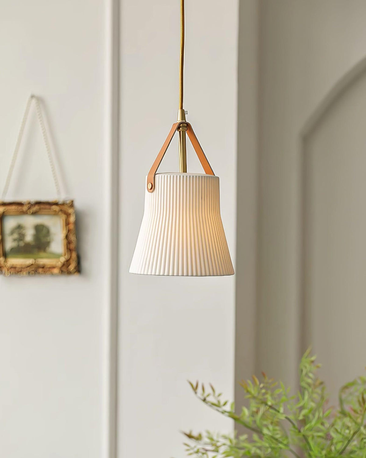 Pendant Lamp Ceramic Ribbed Shade Brass Leather Strap Modern-Neutral Decor