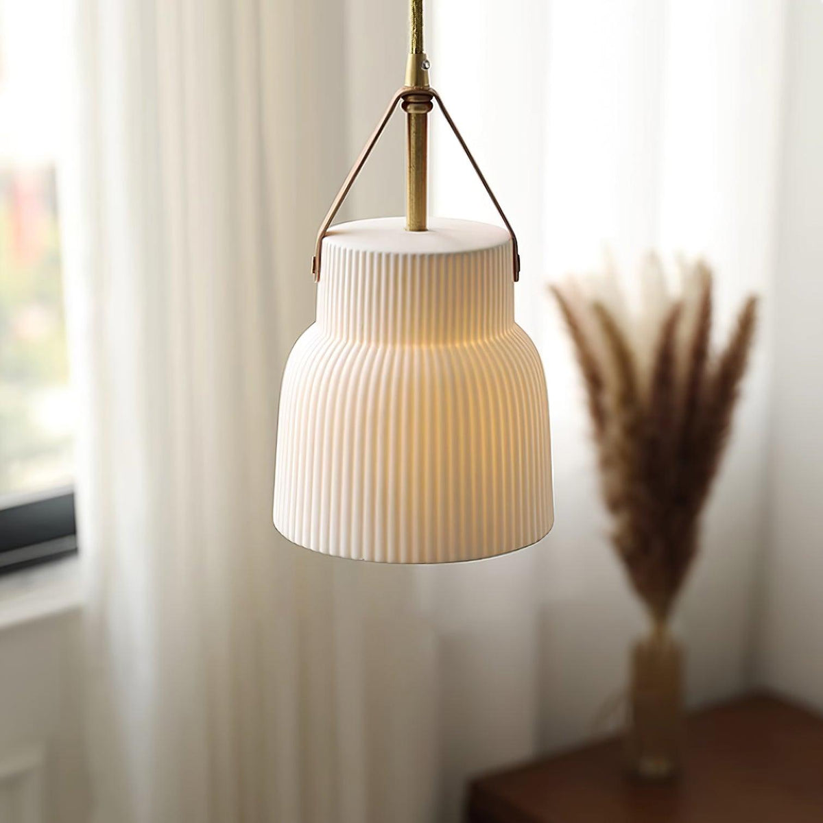 Pendant Lamp Ceramic Ribbed Shade Brass Leather Strap Modern-Neutral Decor