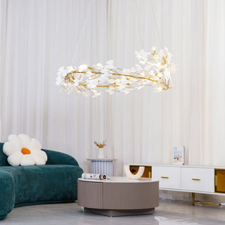 Lustra Suspension Lampe Feuilles de Gingko en Porcelaine Dorée