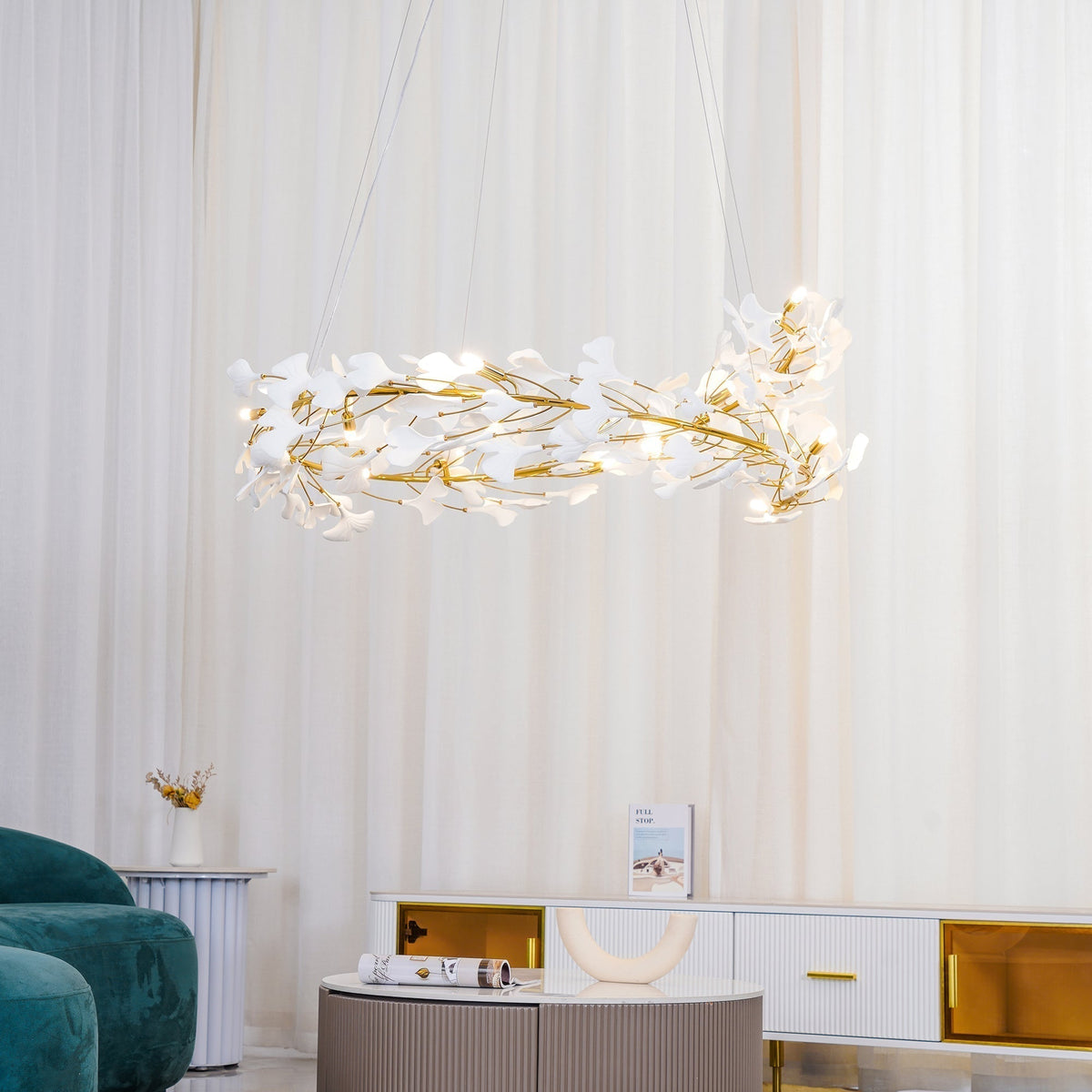 Therius Suspension Lampe Feuilles de Gingko en Porcelaine Dorée