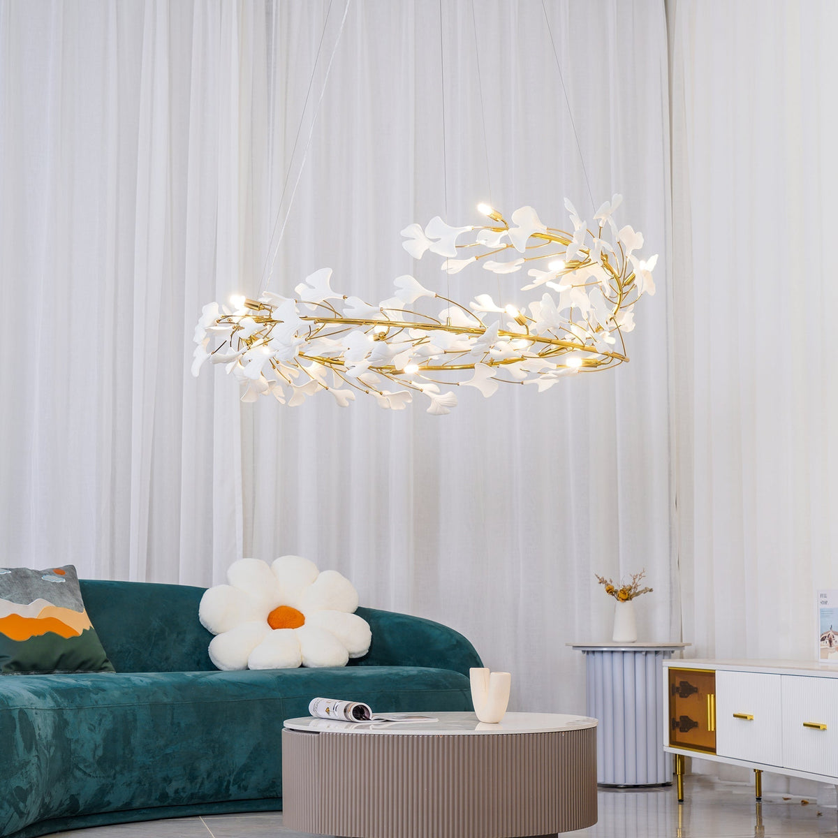 Therius Suspension Lampe Feuilles de Gingko en Porcelaine Dorée
