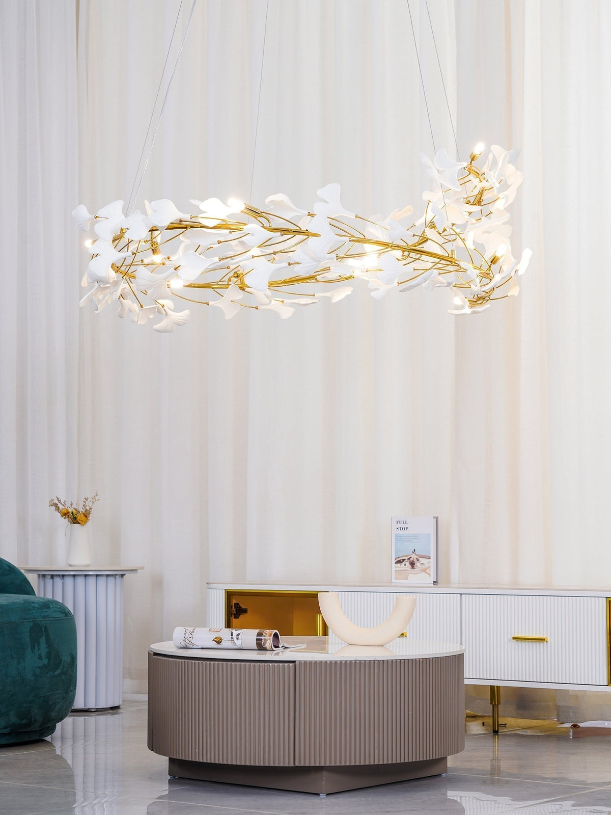 Therius Suspension Lampe Feuilles de Gingko en Porcelaine Dorée