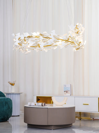 Lustra Suspension Lampe Feuilles de Gingko en Porcelaine Dorée