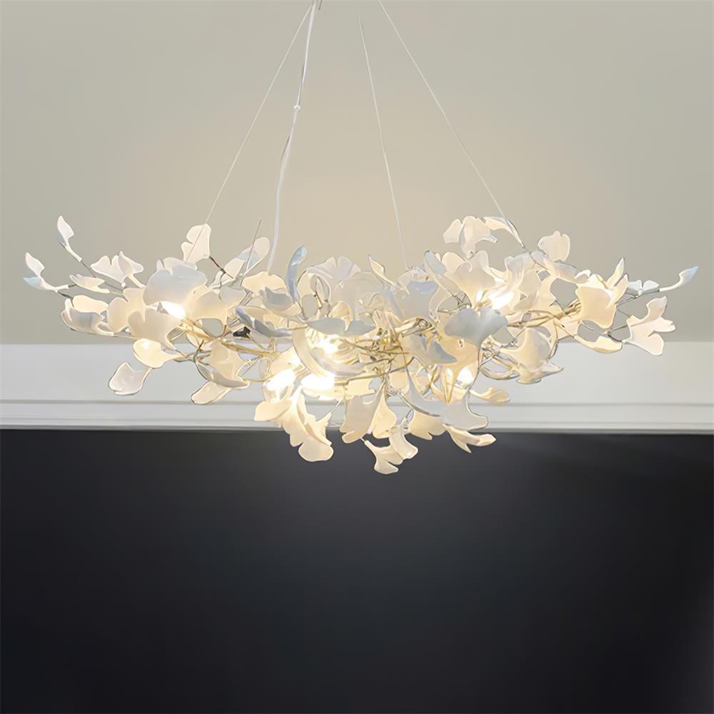 Chandelier White Ceramic Ginkgo Petals Gold-Neutral Decor
