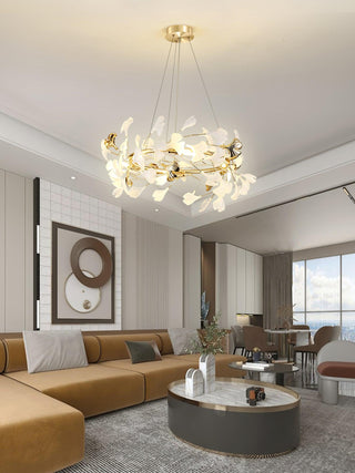 Lustra Suspension Lampe Feuilles de Gingko en Porcelaine Dorée