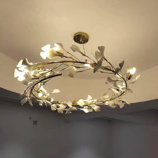 Lustra Suspension Lampe Feuilles de Gingko en Porcelaine Dorée